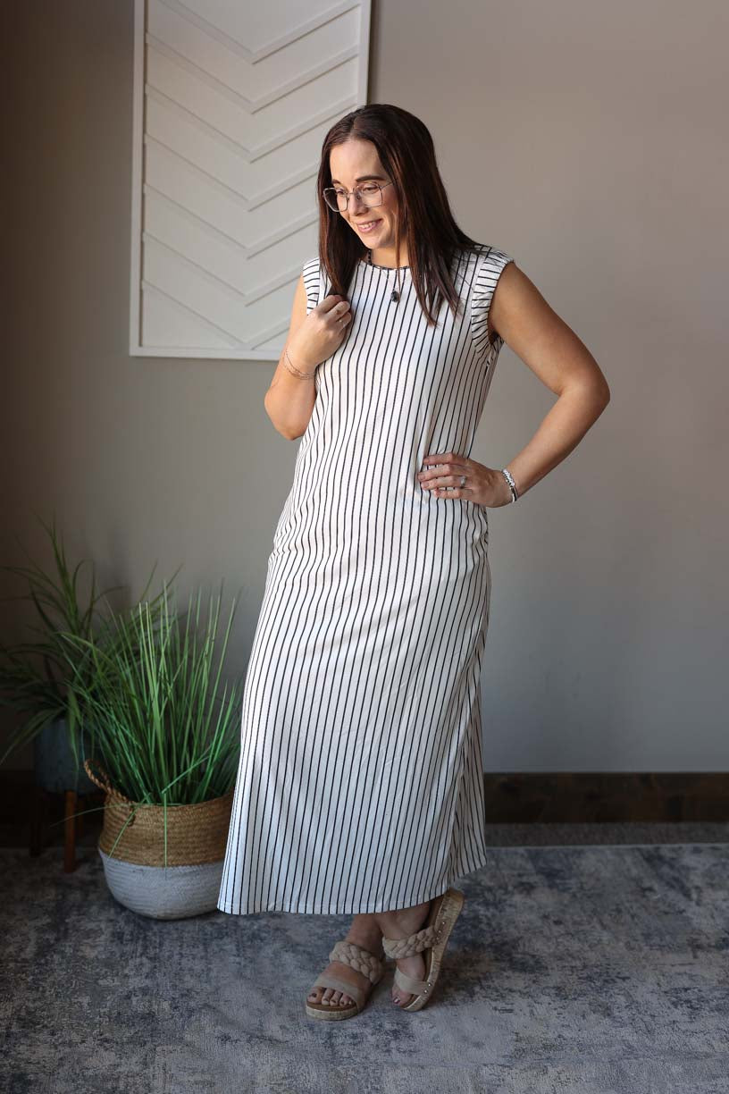 Black White Stripe Sleeveless Maxi Dress