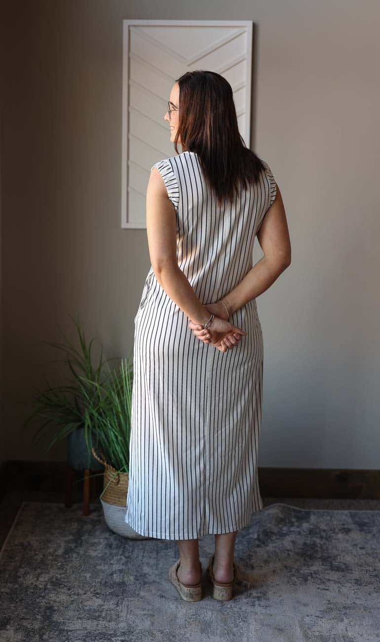 Black White Stripe Sleeveless Maxi Dress