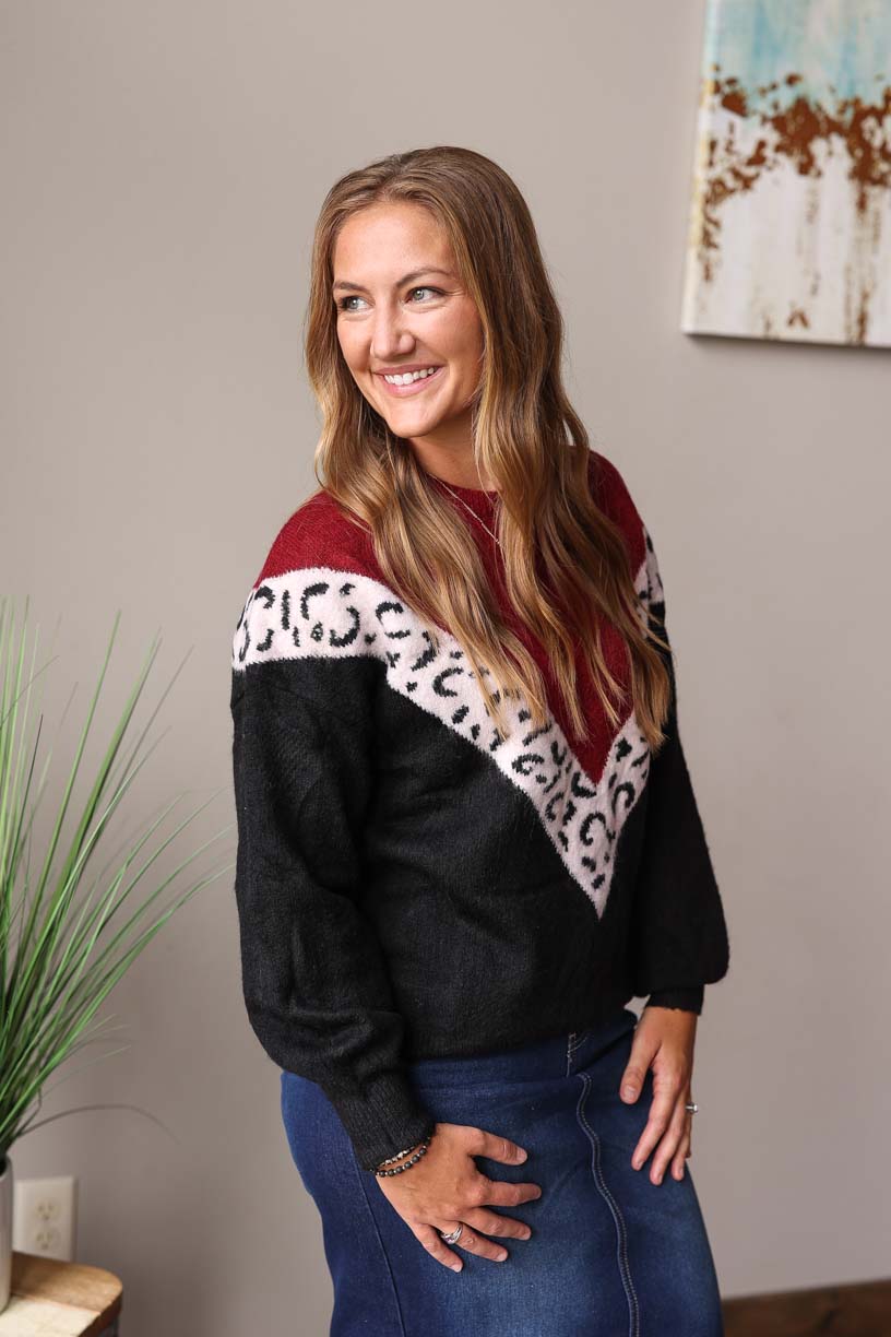 Wine Colorblock Chevron Leopard Top! The cozy material will keep you comfy while the chevron pattern gives you that extra touch of style – perfect for nights out or days at the office. Classy CLoset ONline Women's Holiday Outfits for Casual Style