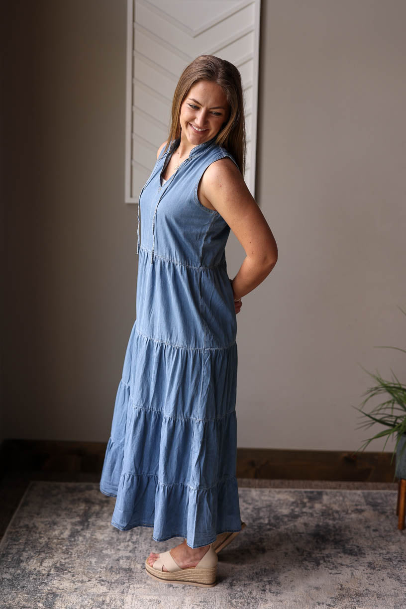 Blue Chambray Sleeveless Tiered Maxi Dress