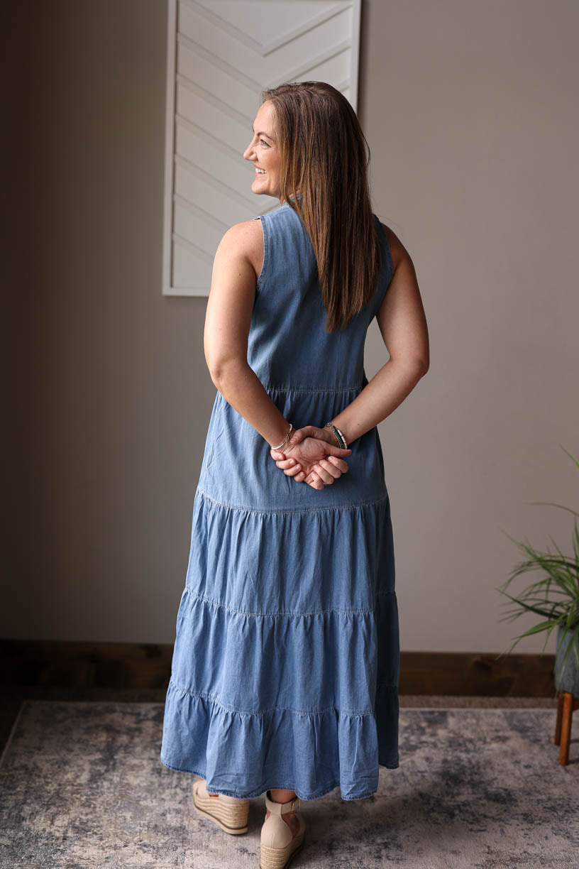Blue Chambray Sleeveless Tiered Maxi Dress