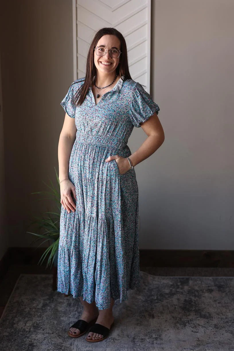 Blue Floral V-Neck Maxi Dress Classy Closet Modest Clothing Medium Blue Floral V-Neck Maxi Dress Classy Closet Modest Clothing Medium