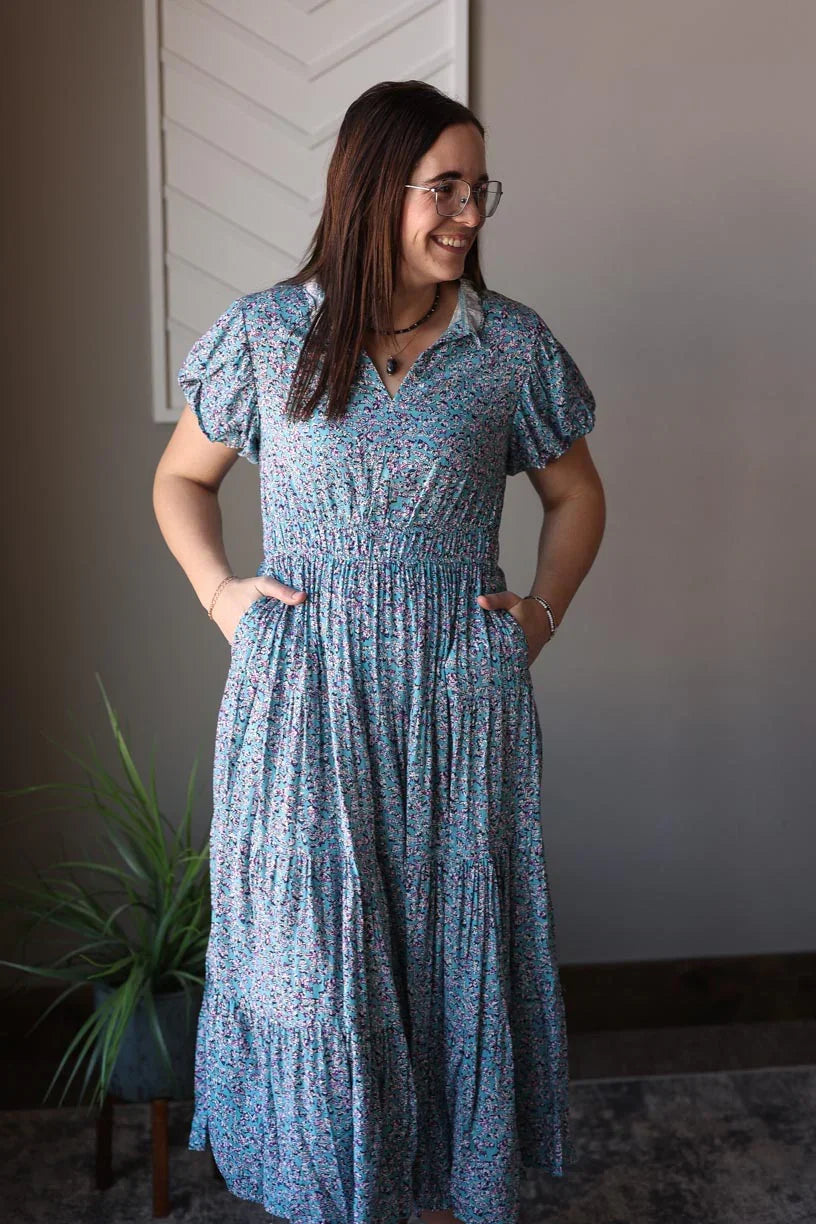 Blue Floral V-Neck Maxi Dress Classy Closet Modest Clothing Medium Blue Floral V-Neck Maxi Dress Classy Closet Modest Clothing Medium