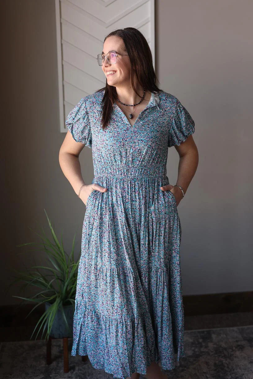 Blue Floral V-Neck Maxi Dress Classy Closet Modest Clothing Medium Blue Floral V-Neck Maxi Dress Classy Closet Modest Clothing Medium