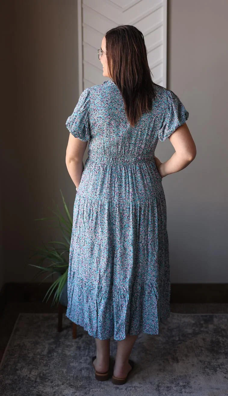 Blue Floral V-Neck Maxi Dress Classy Closet Modest Clothing Medium Blue Floral V-Neck Maxi Dress Classy Closet Modest Clothing Medium