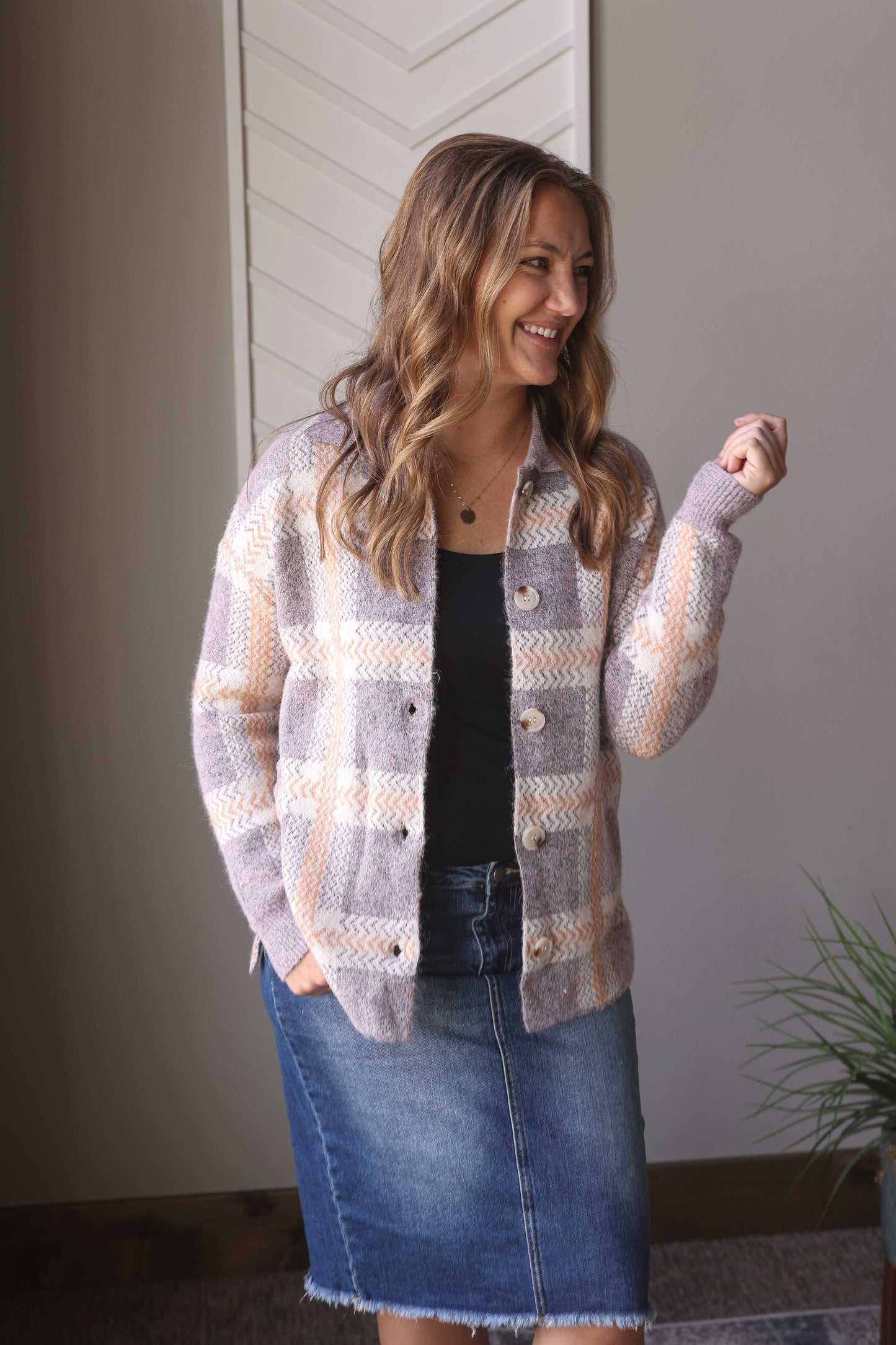 Blue Plaid Cozy Button Up Sweater Cardigan, Lg