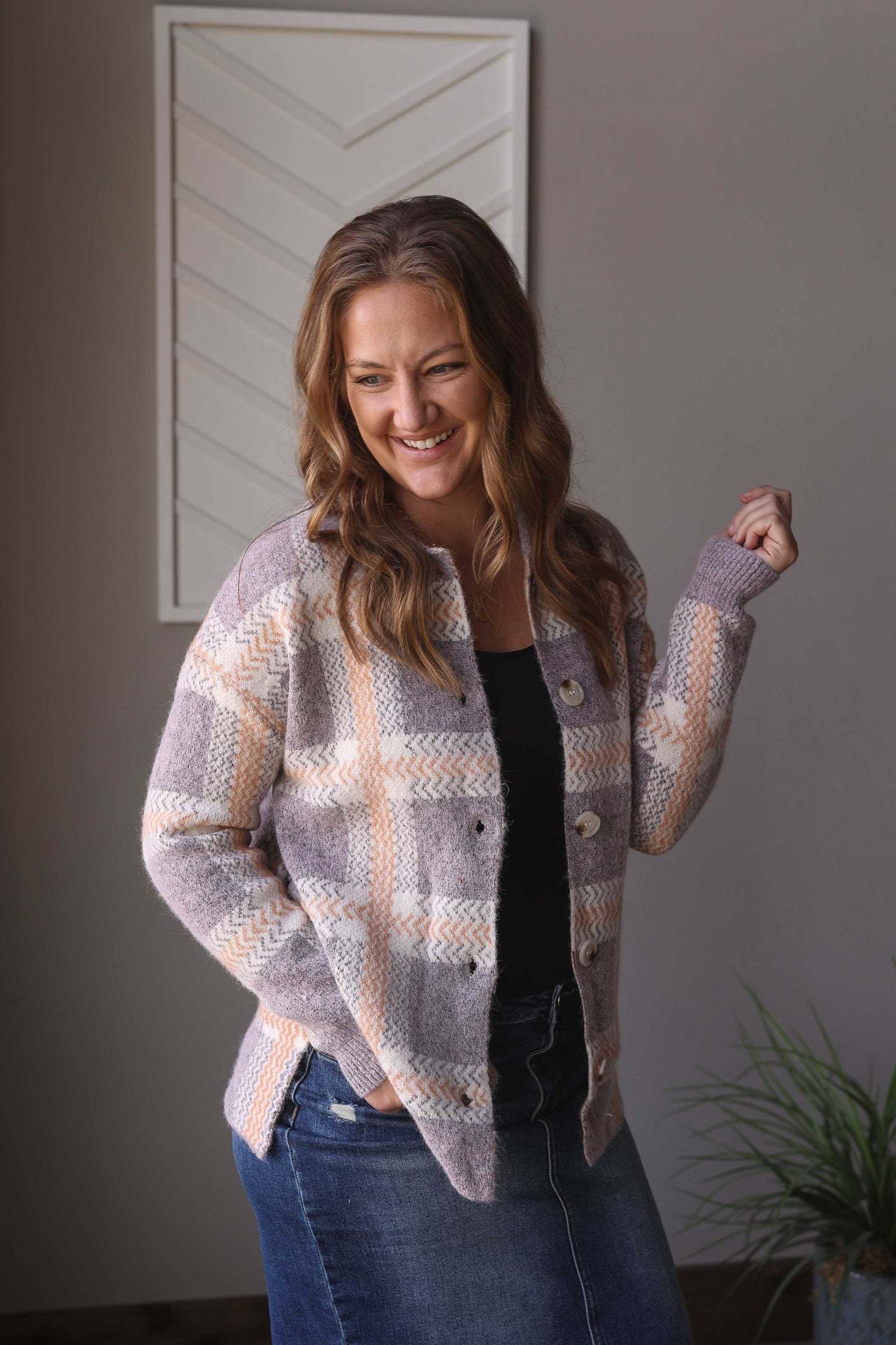 Blue Plaid Cozy Button Up Sweater Cardigan, Lg