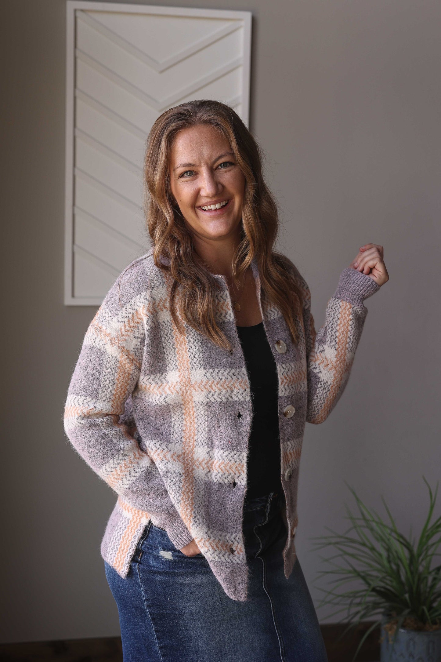 Blue Plaid Cozy Button Up Sweater Cardigan, Lg