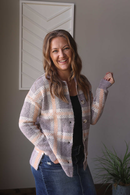 Blue Plaid Cozy Button Up Sweater Cardigan, Lg