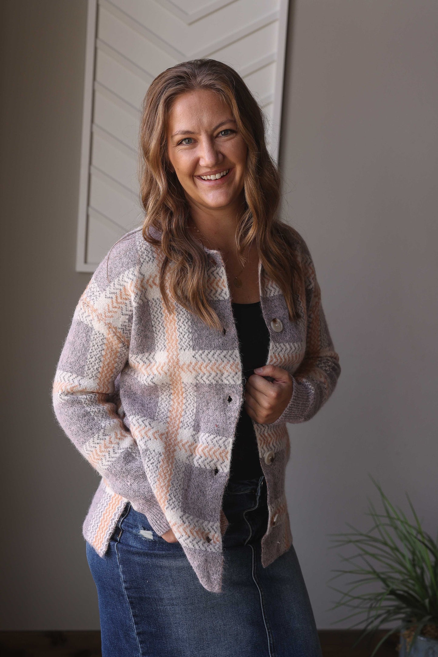 Blue Plaid Cozy Button Up Sweater Cardigan, Lg