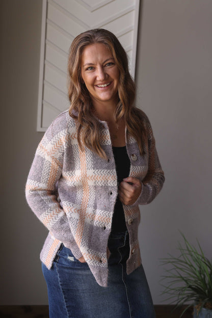 Blue Plaid Cozy Button Up Sweater Cardigan, Lg