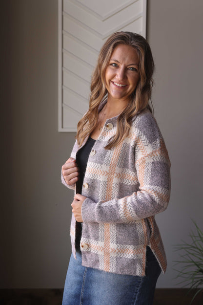 Blue Plaid Cozy Button Up Sweater Cardigan, Lg