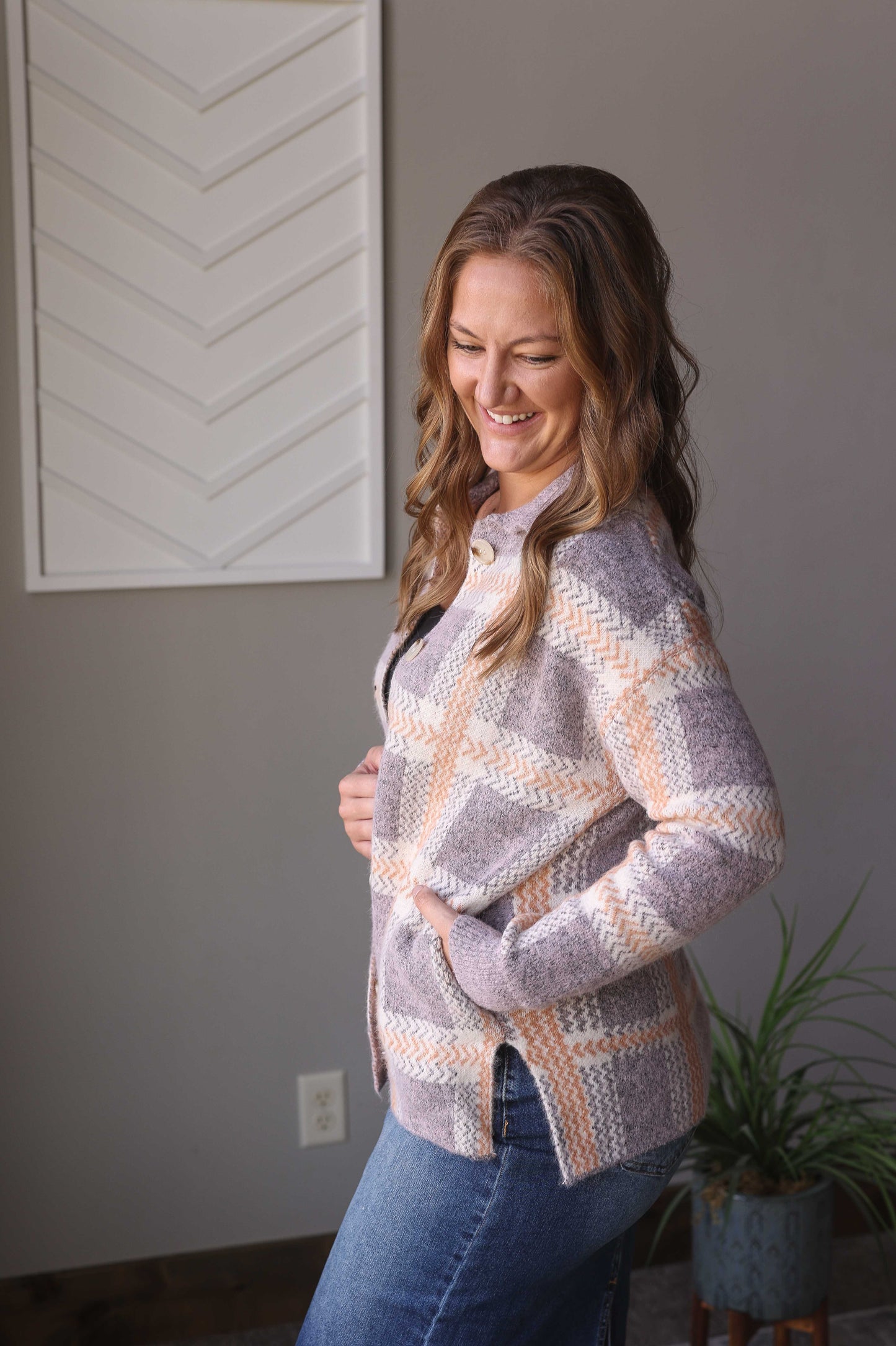 Blue Plaid Cozy Button Up Sweater Cardigan, Lg