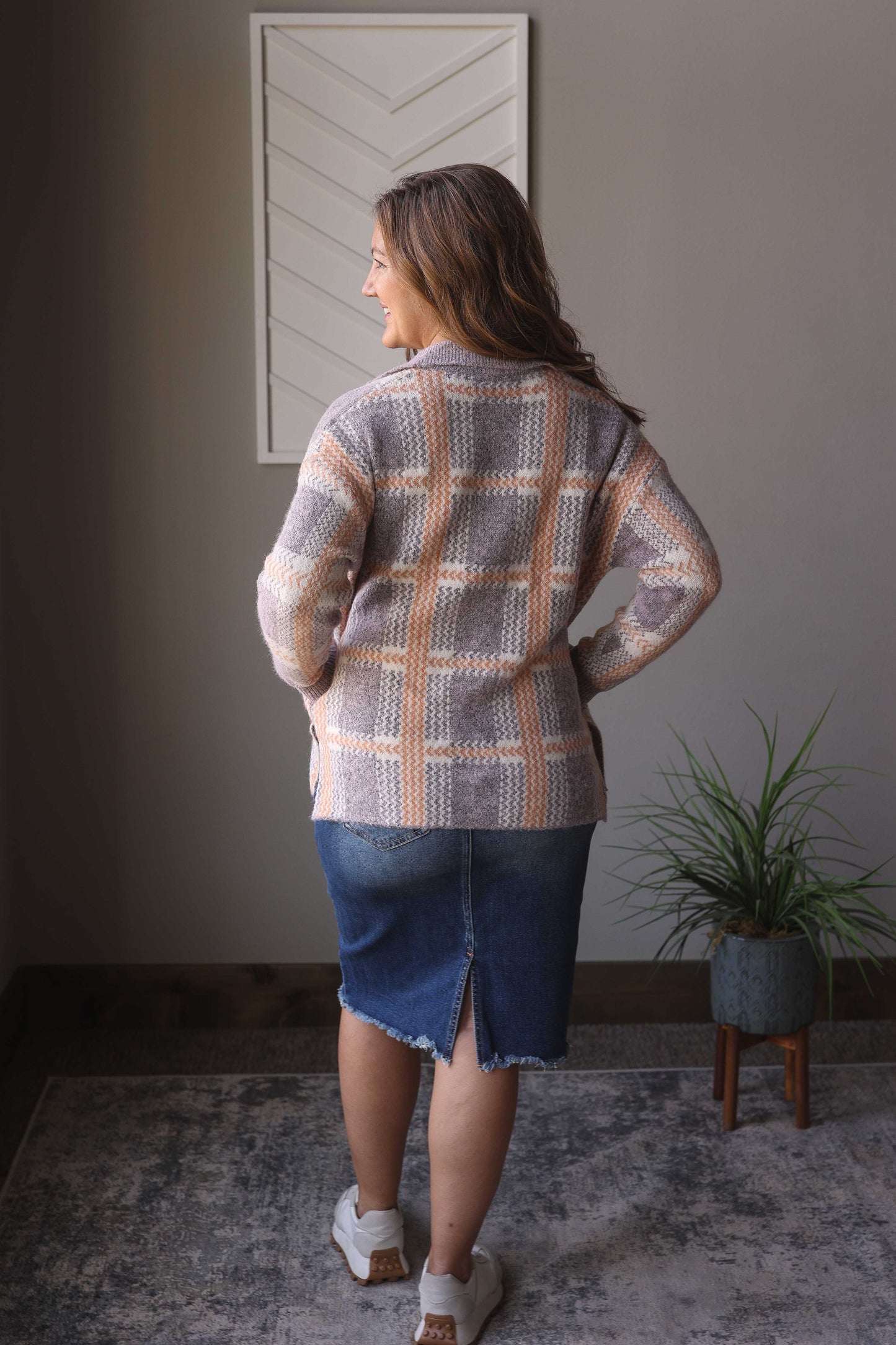 Blue Plaid Cozy Button Up Sweater Cardigan, Lg