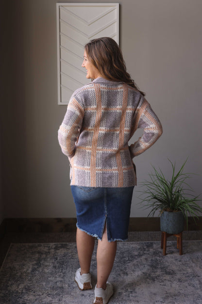 Blue Plaid Cozy Button Up Sweater Cardigan, Lg