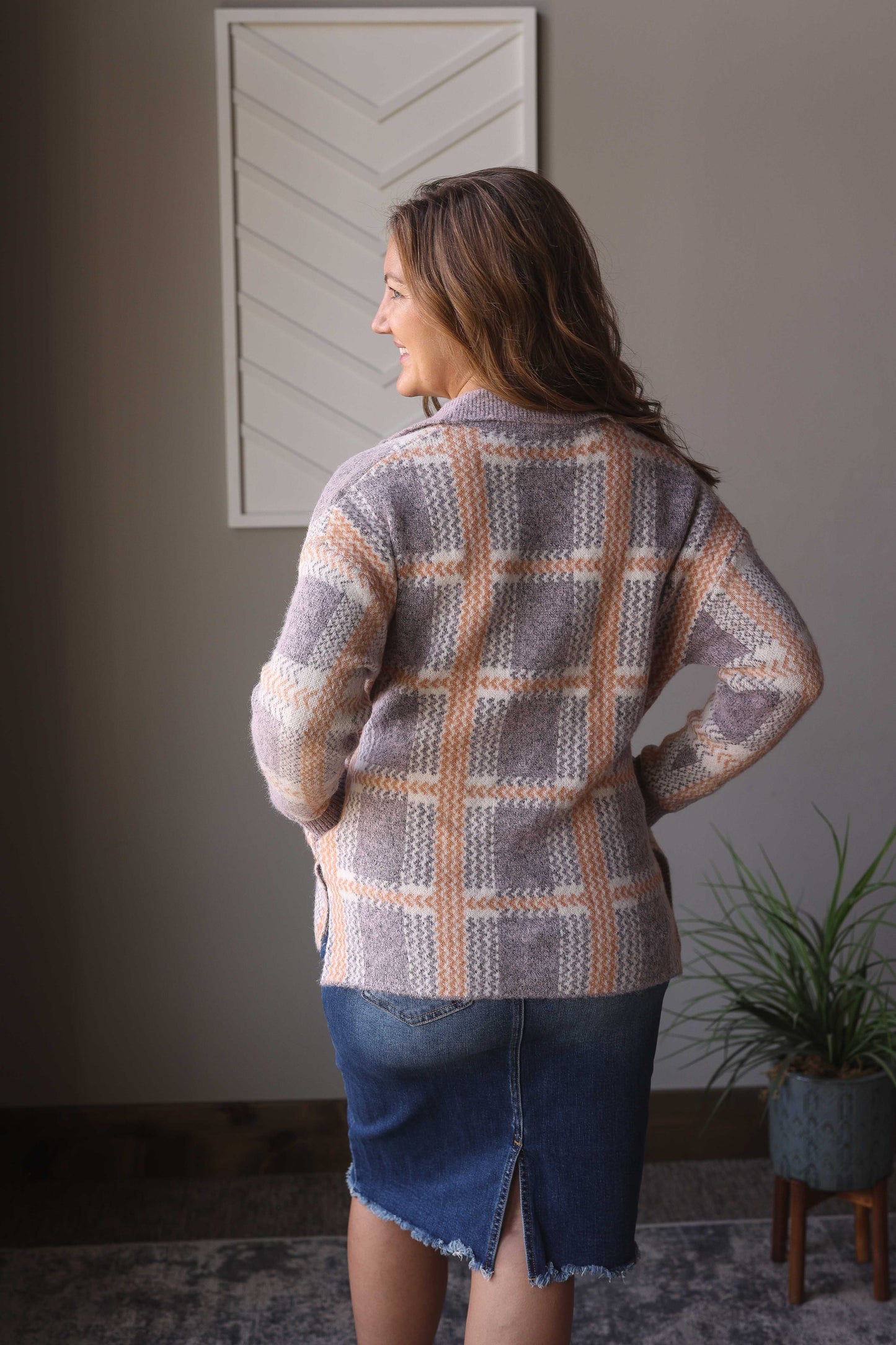 Blue Plaid Cozy Button Up Sweater Cardigan, Lg