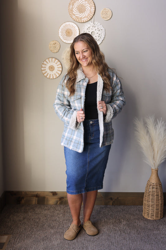 Sky Blue Sherpa Lined Plaid Jacket; S-2XL PLUS