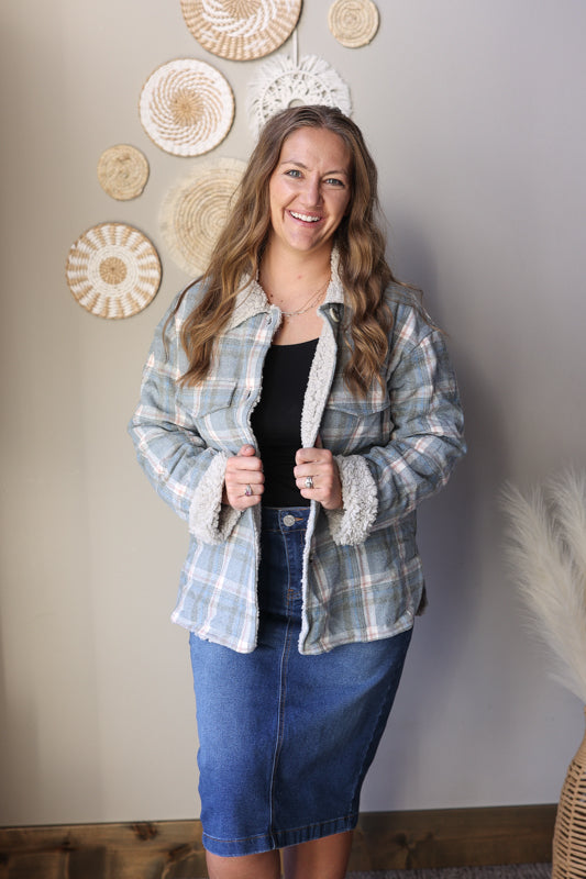 Sky Blue Sherpa Lined Plaid Jacket; S-2XL PLUS