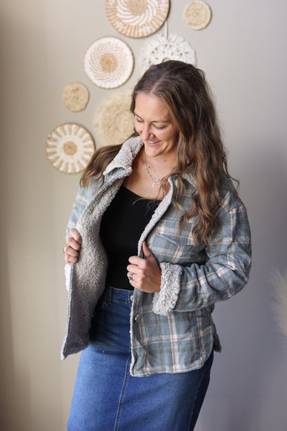 Sky Blue Sherpa Lined Plaid Jacket; S-2XL PLUS