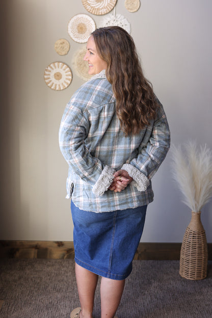 Sky Blue Sherpa Lined Plaid Jacket; S-2XL PLUS