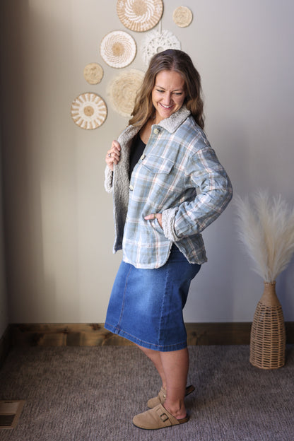 Sky Blue Sherpa Lined Plaid Jacket; S-2XL PLUS
