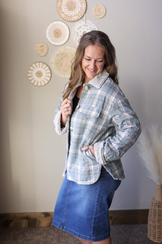 Sky Blue Sherpa Lined Plaid Jacket; S-2XL PLUS