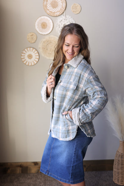 Sky Blue Sherpa Lined Plaid Jacket; S-2XL PLUS