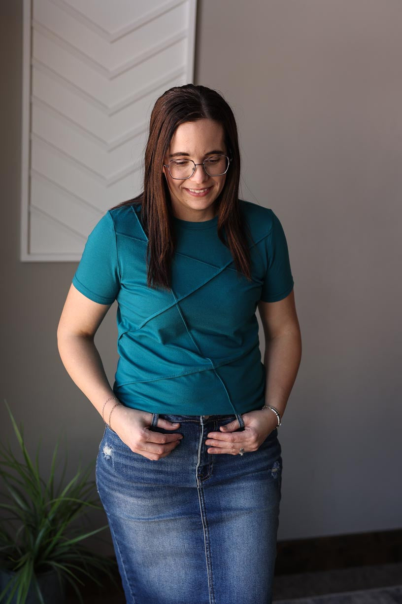 Blue Sapphire Toothpick Stripe Top; S-2XL PLUS