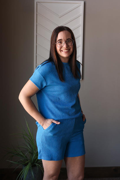 Royal Blue Textured Crewneck Short Set