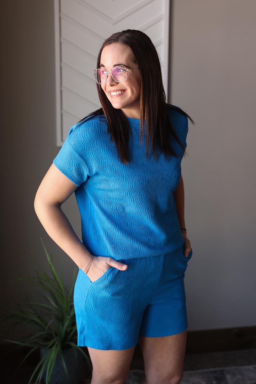 Royal Blue Textured Crewneck Short Set