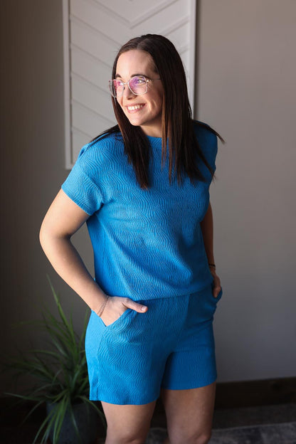 Royal Blue Textured Crewneck Short Set