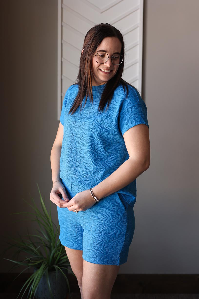 Royal Blue Textured Crewneck Short Set