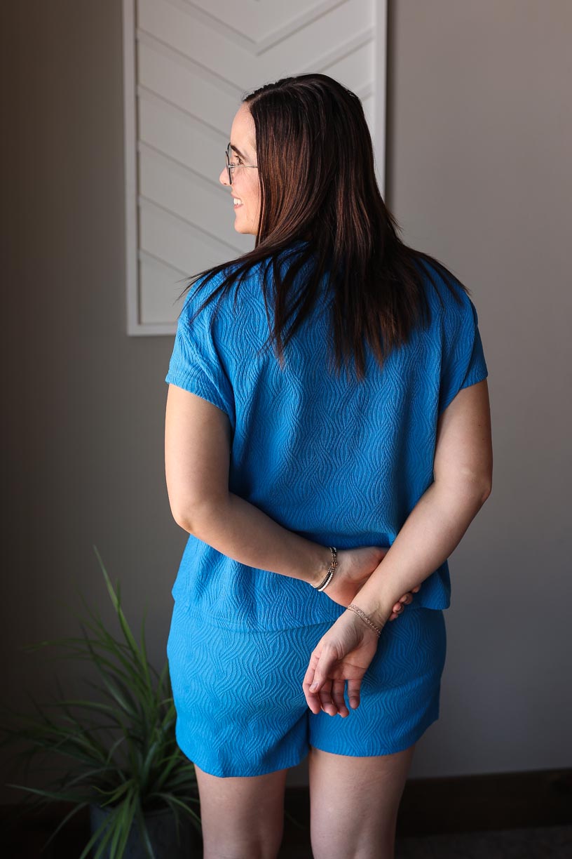 Royal Blue Textured Crewneck Short Set