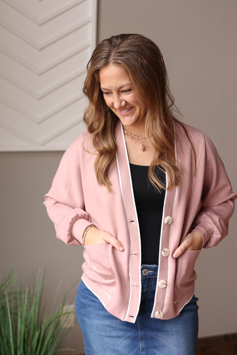 Pink V-Neck Button Knit Cardigan