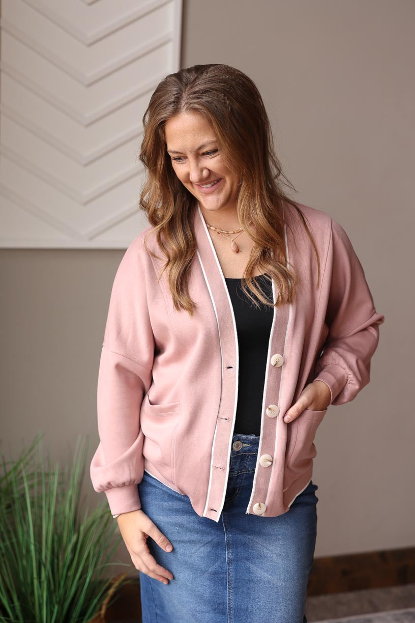 Pink V-Neck Button Knit Cardigan