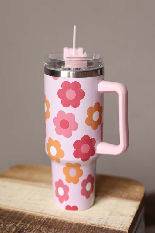 Pink Multicolor 40 oz Flower Insulated Stainless Tumbler Cup with Straw Classy Closet Women's Casual Modest Fashion Store