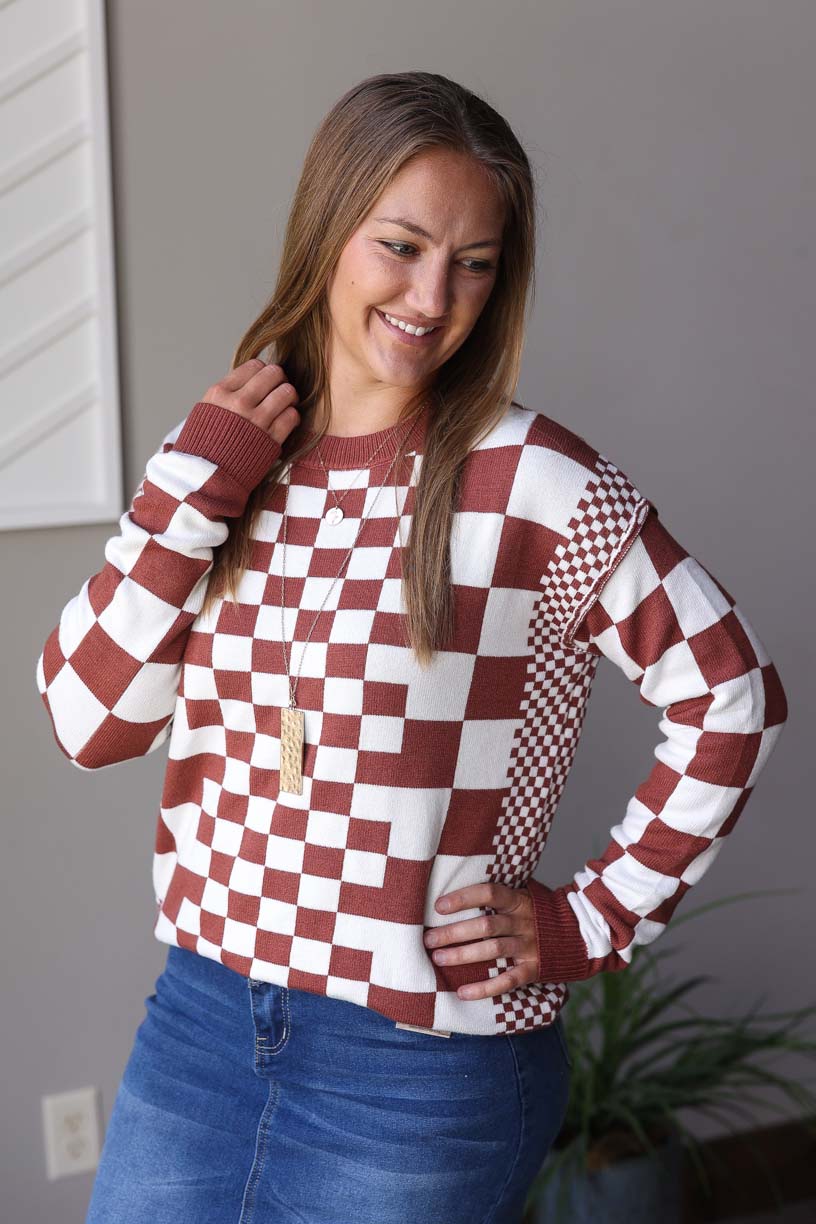 Brown Checkered Crewneck Sweater