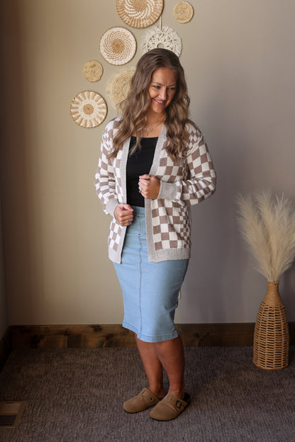 Brown Checkered Open Front Cardigan
