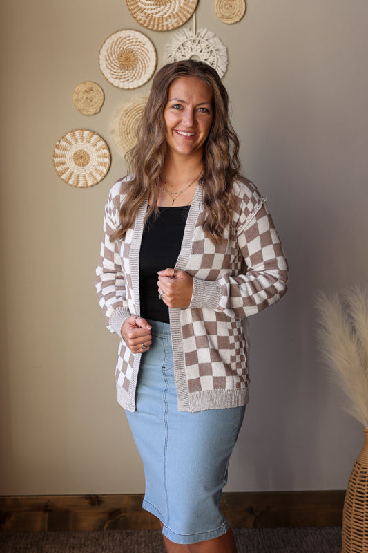 Brown Checkered Open Front Cardigan