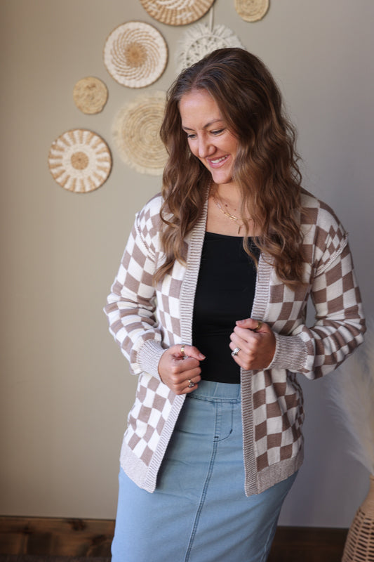 Brown Checkered Open Front Cardigan