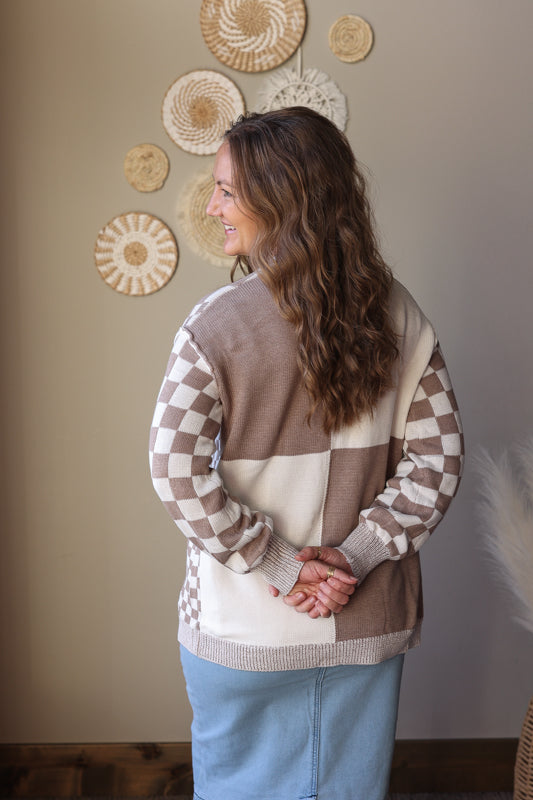 Brown Checkered Open Front Cardigan