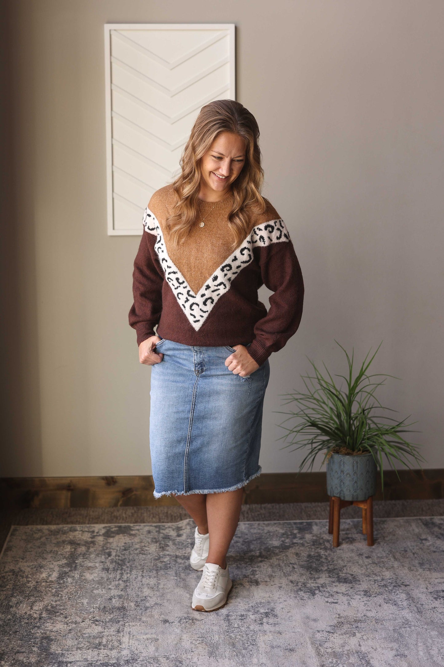 Brown Colorblock Chevron Leopard Sweater, S, XL, 2XL PLUS