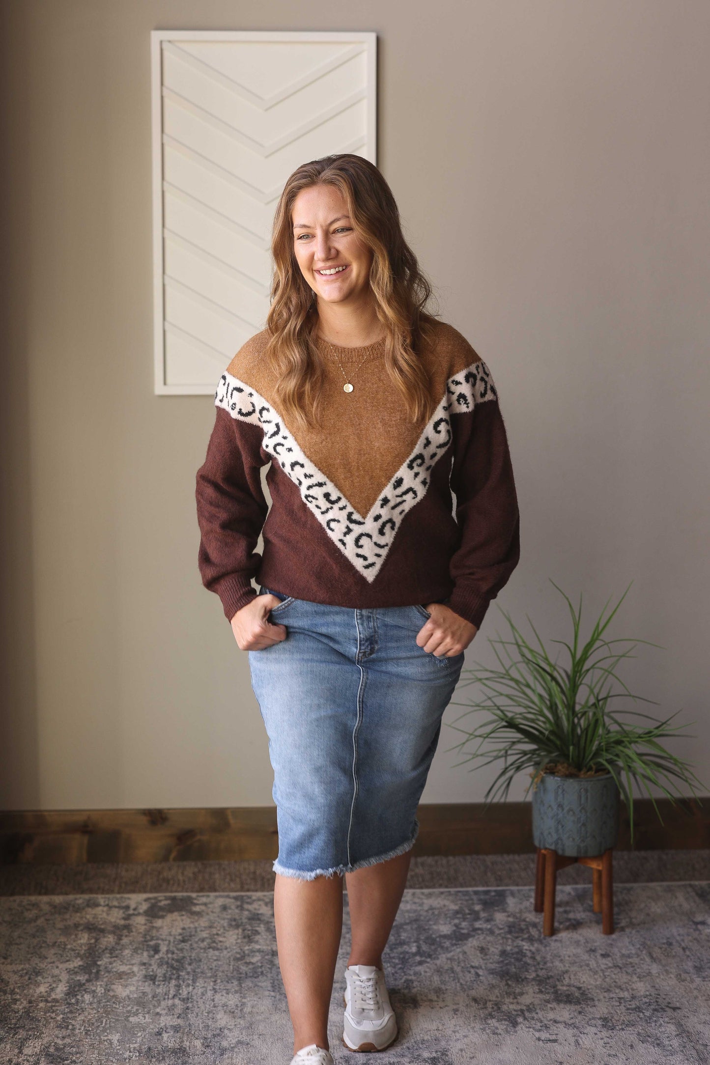 Brown Colorblock Chevron Leopard Sweater, S, XL, 2XL PLUS