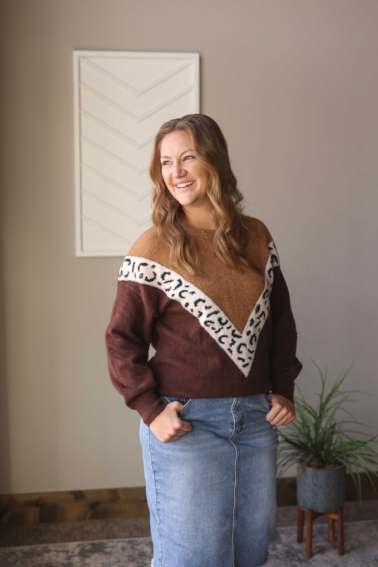 Brown Colorblock Chevron Leopard Sweater, S, XL, 2XL PLUS