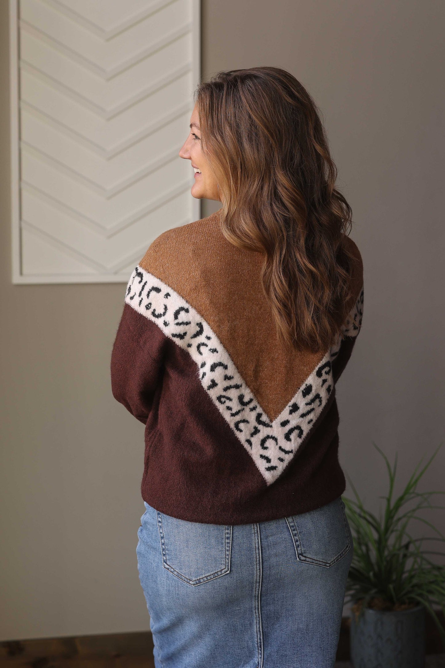 Brown Colorblock Chevron Leopard Sweater, S, XL, 2XL PLUS