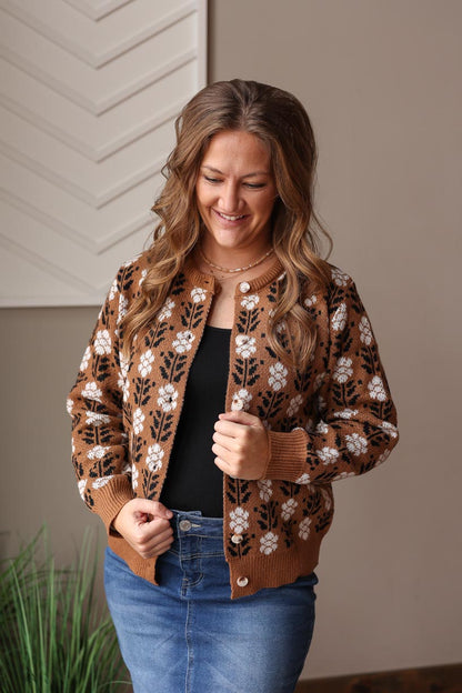Mocha Floral Print Button Cardigan