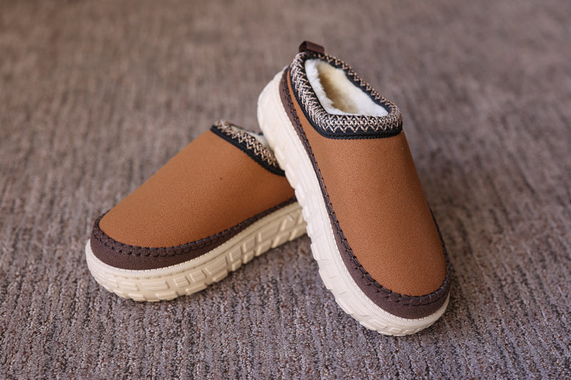 Coffee Contrast Stitch Faux Suede Clog Shoe