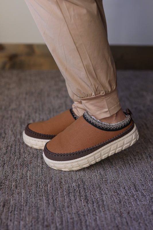 Coffee Contrast Stitch Faux Suede Clog Shoe