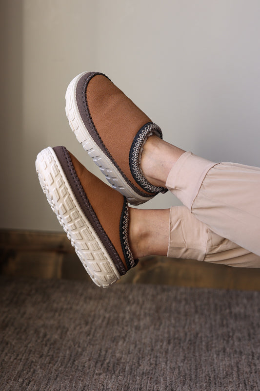 Coffee Contrast Stitch Faux Suede Clog Shoe