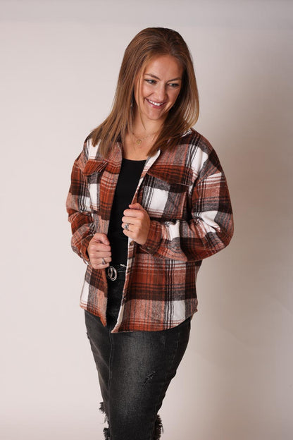 brown plaid flannel, it's a great fit for casual winter outfits, casual work outfits, or a girl's days out with friends. S-2XL PLUS at Classy Closet